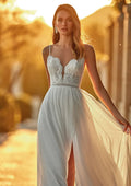 Boho Spaghetti Straps V-Neck Wedding Dress With Side Split Lace Applqiues Beach Chiffon Bride Gown Backless Criss-Cross A-Line