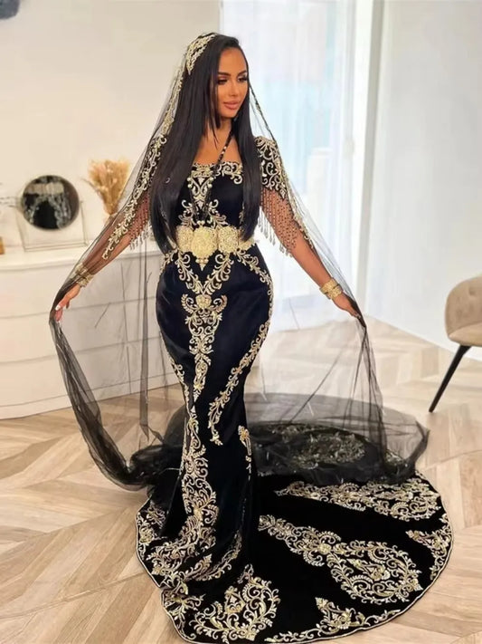 Noble Black Karakou Algerian Evening Dresses Mermaid Square Collar Lace Appliques Belt Luxury Formal Prom Gowns