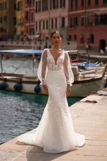 Attractive Wedding Gown for Bride Puff Sleeves Deep V-neck Court Train Zipper Robe De Mariee Customised