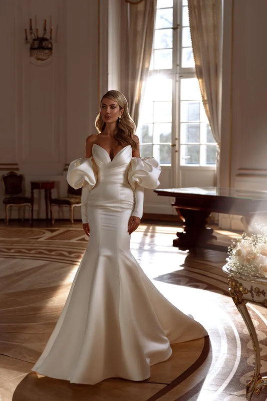Sexy Mermaid Wedding Dresses Ruched Sweetheart Satin Bridal Gowns Boho Beach Sweep Train Puff Sleeve Bride Dress Custom Size White