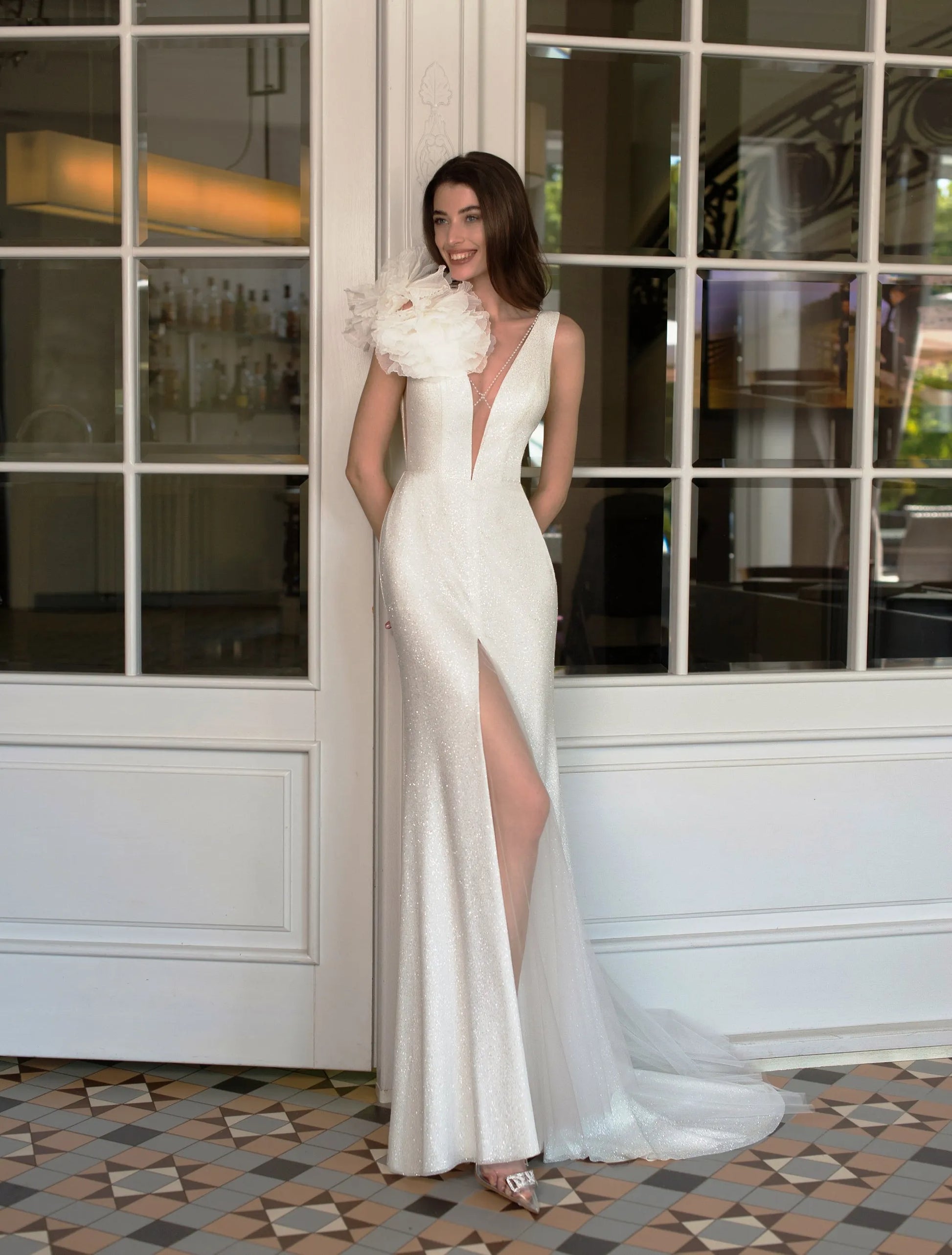 Prom V-neck Mermaid Wedding Party Beading Flower Net/Tulle