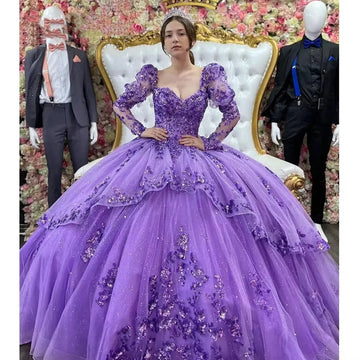 Shiny Beading Quinceanera Dresses Long Sleeves Vestidos De 15 Años Glitter Tulle Formal Prom Princess Birthday Gown