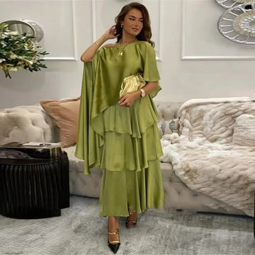 Amanda Romantic Matcha Green Prom Dress Sexy A-line Evening Dresses Grace Silk Chiffon Elegant Cape Party Dress