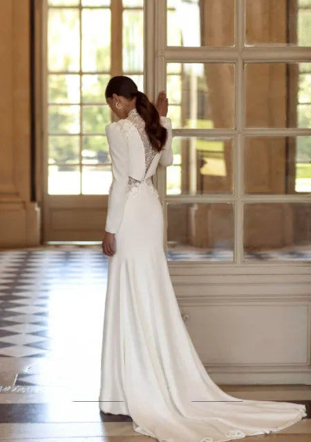 Elegant Wedding Dresses Muslim Bridal Gowns Full Sleeves Satin Robes For Formal Party Sheath Mermaid Vestidos De Novia