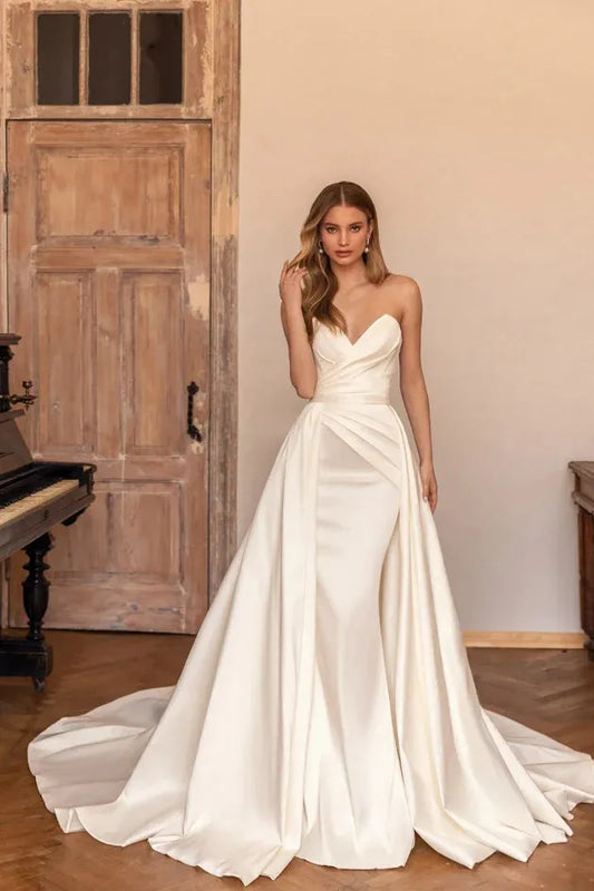 Simple Wedding Dresses Women's Mermaid Sexy Sleeveless Detachable Sweep Train Bridal Gowns Formal Satin Vestidos De Fiesta