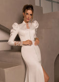 Spring White Wedding Dresses Arab High Neck Long Sleeves Lace Back Buttons Mermaid Satin Bridal Gown Party Dress