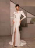 Spring White Wedding Dresses Arab High Neck Long Sleeves Lace Back Buttons Mermaid Satin Bridal Gown Party Dress