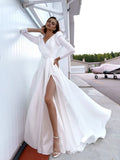 Simple High Split Wedding Dress For Woman A-Line V-Neck Bridal Gown Full Sleeve Belt Beach Sweep Train Robe Custom De Mariée As Picture