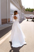 Simple High Split Wedding Dress For Woman A-Line V-Neck Bridal Gown Full Sleeve Belt Beach Sweep Train Robe Custom De Mariée