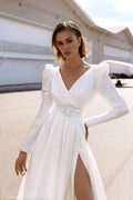 Simple High Split Wedding Dress For Woman A-Line V-Neck Bridal Gown Full Sleeve Belt Beach Sweep Train Robe Custom De Mariée