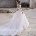 Luxury Pink Long Sleeves Wedding Dress Ball Gown Lace Appliques O-Neck Button Royal Train Bride Gowns Vestido De Novia Princess