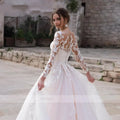 Luxury Pink Long Sleeves Wedding Dress Ball Gown Lace Appliques O-Neck Button Royal Train Bride Gowns Vestido De Novia Princess