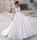 Luxury Pink Long Sleeves Wedding Dress Ball Gown Lace Appliques O-Neck Button Royal Train Bride Gowns Vestido De Novia Princess