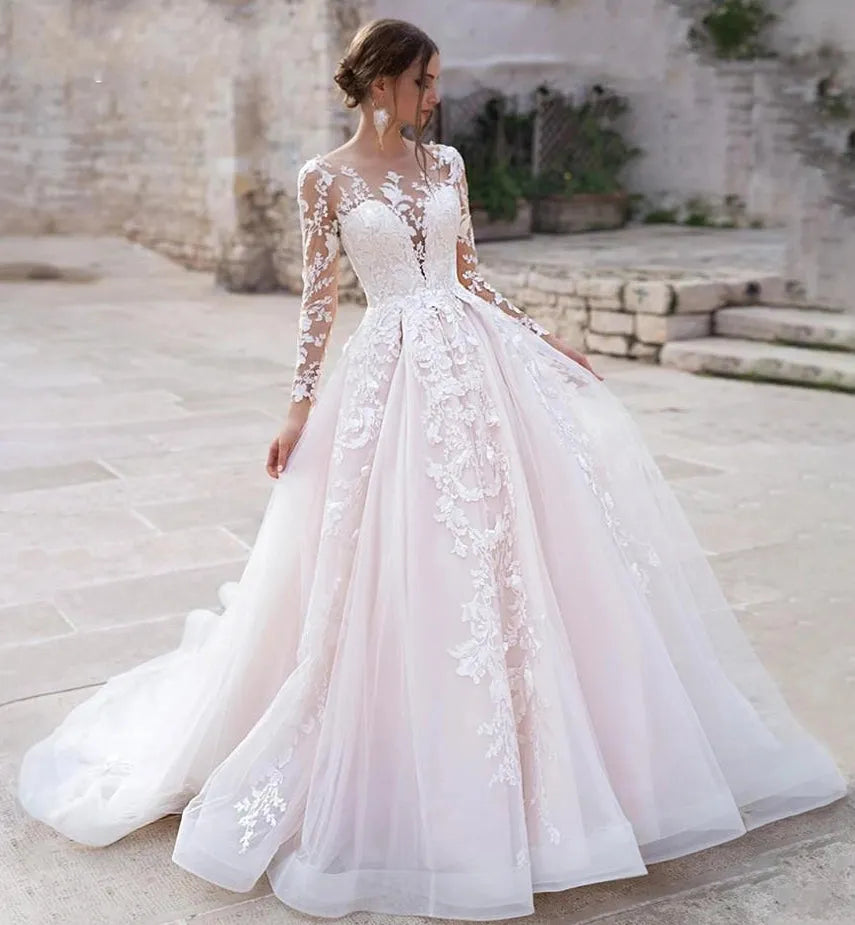 Luxury Pink Long Sleeves Wedding Dress Ball Gown Lace Appliques O-Neck Button Royal Train Bride Gowns Vestido De Novia Princess
