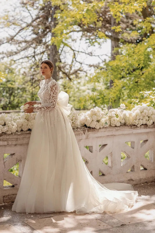 Bohemia Wedding Dresses Vintage Tulle Bridal Gowns Lace Appliques Long Sleeves High Neck A-Line Robe Vestidos De Novia Custom Color Custom size