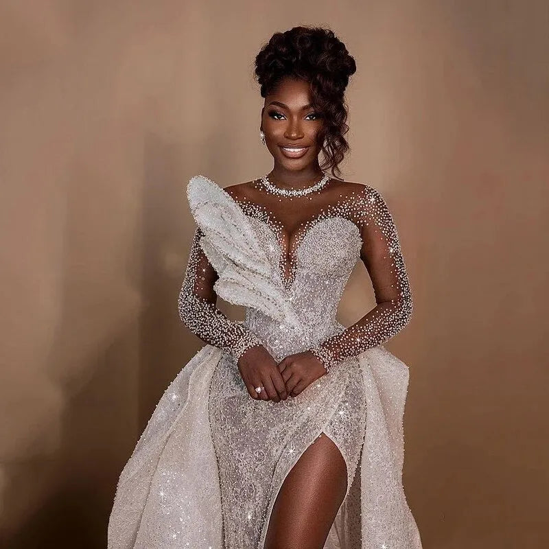 African Luxury Full Beaded Side Slit Wedding Dress Leaf Design Detachable Train Women Dubai Bridal Gowns Vestido De Casamen