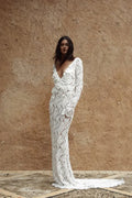 Sexy Deep V-neck Weeding Dress Appliques Pearls Bride Robe Graceful Floor-length Bridal Dresses Vestidos De Novia As Picture