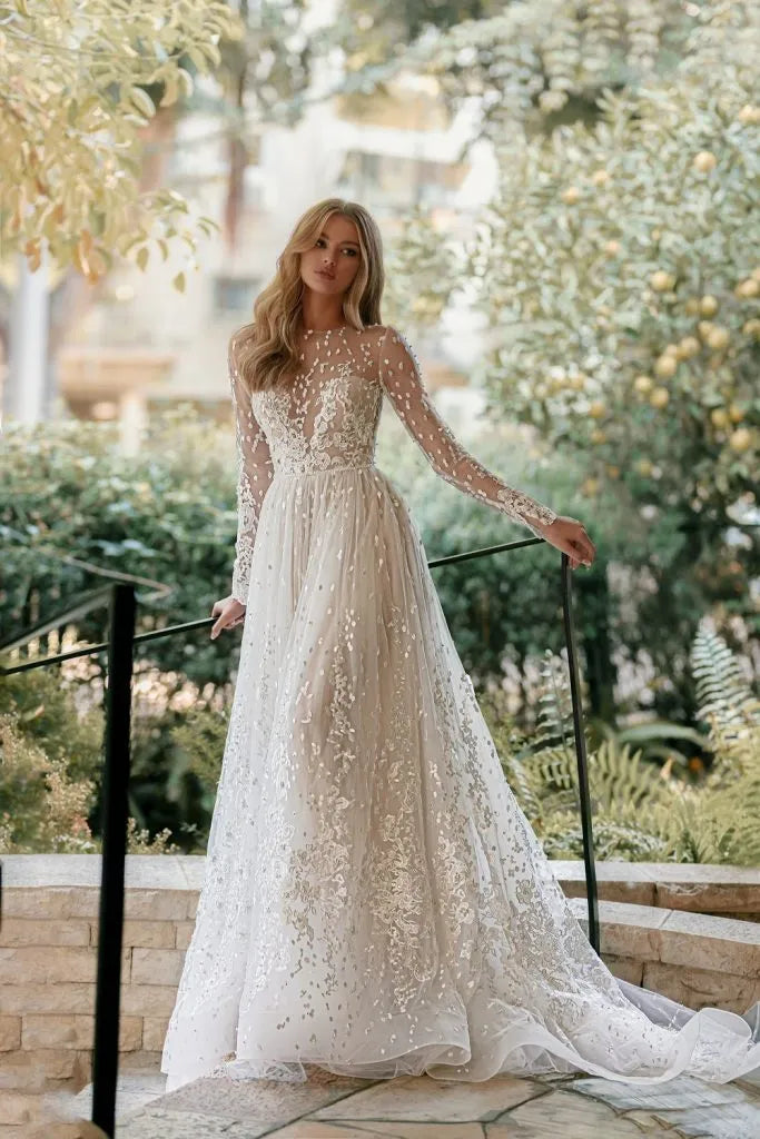 Modest Long Sleeve Wedding Dress Classic Lace Appliques Bride Robe Ele