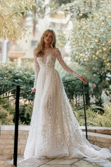 Modest Long Sleeve Wedding Dress Classic Lace Appliques Bride Robe Elegant A-line Long Bridal Gown Robe De Mariée Custom Color