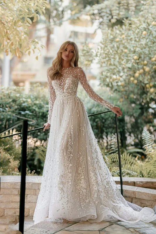 Modest Long Sleeve Wedding Dress Classic Lace Appliques Bride Robe Elegant A-line Long Bridal Gown Robe De Mariée Custom Color