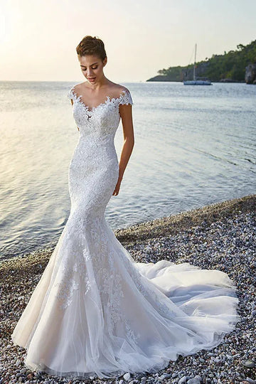 Short Sleeved Elegant Wedding Dress Slim Back With Button Lace Embroidery Mermaid Bridal Dress Custom Made Vestido De Noiva As Picture