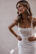Lace Spaghetti Strap Mermaid Wedding Dresses Square Collar Beading Backless Court Train Bridal Gowns Boho Custom Made