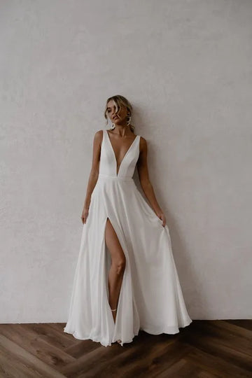 Simple Deep V Neck Spaghetti Straps Side Slit Chiffon Wedding Dresses Elegant Backless A-Line Bridal Gowns Vestidos De Novia White