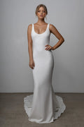 Modern Sheath Minimalist Wedding Dresses For Women Buttons Oversized Tight Fit Simple Bow Train Backless Bridal Gown