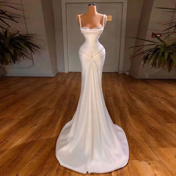 Classic Square Neck Weeding Dress Romantic Pearls Bride Robe Elegant Satin Floor-length Bridal Dresses Vestidos De Novia Ivory