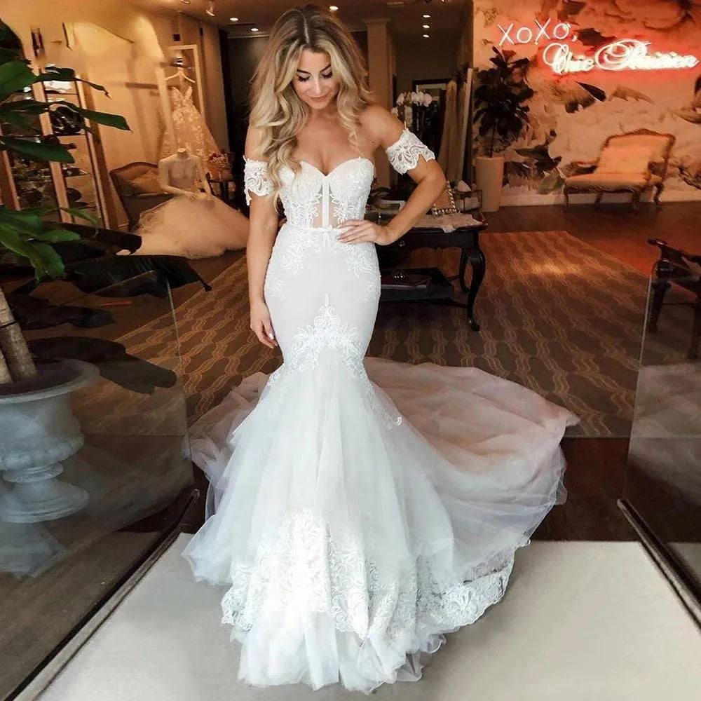 Graceful Sweetheart Mermaid Wedding Dress Boho Removable Sleeves Appliques Lace Bridal Gowns Court Train Princess Bride Dress Champagne