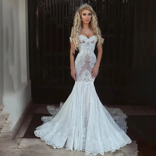 Mermaid Women's Lace Applique Bridal Dresses Sleeveless Sweetheart Sexy Backless Princess Wedding Gowns Vestido De Novia