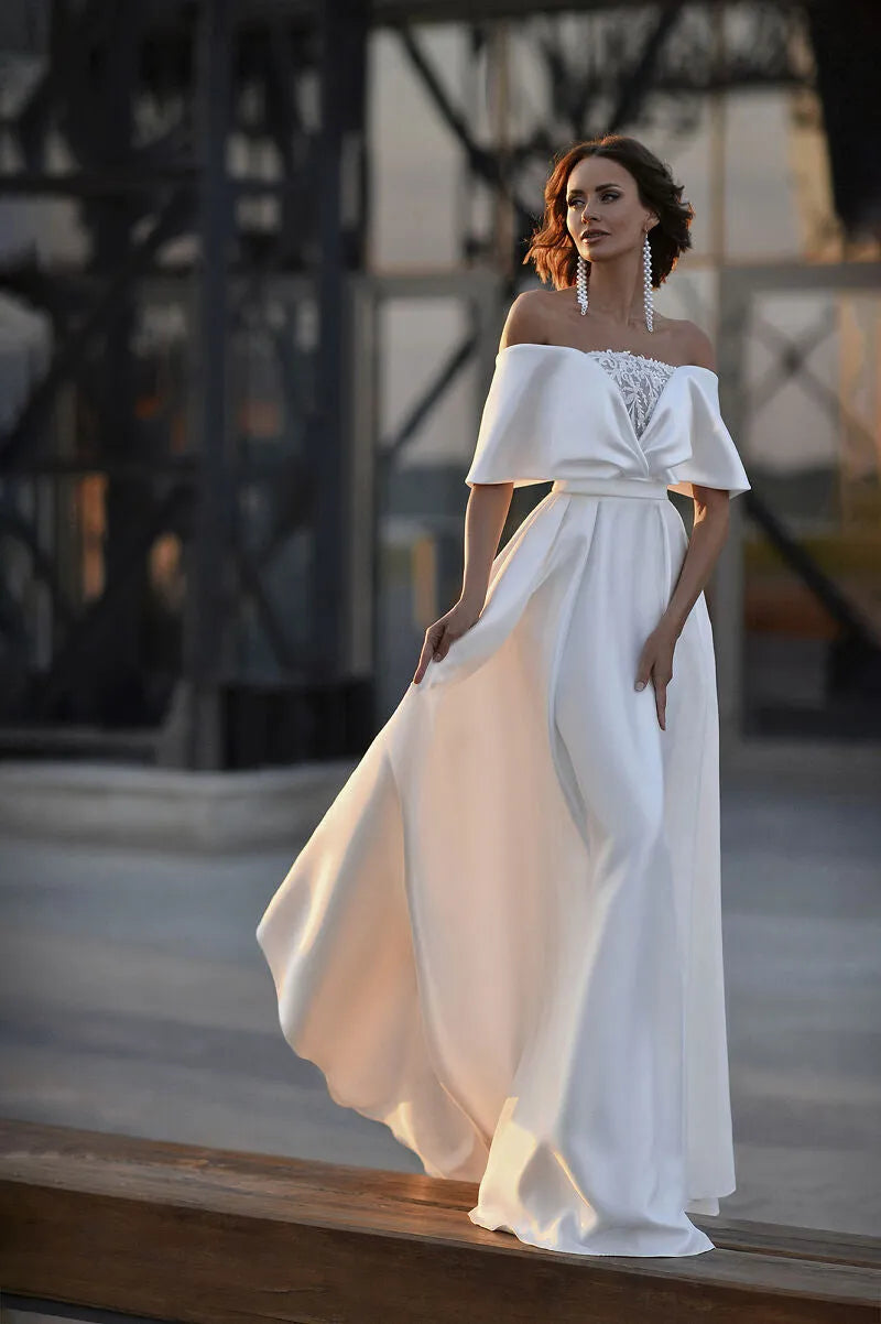 Simple Boat Neck Wedding Dresses Slim Satin Lace Up Appliques A Line F