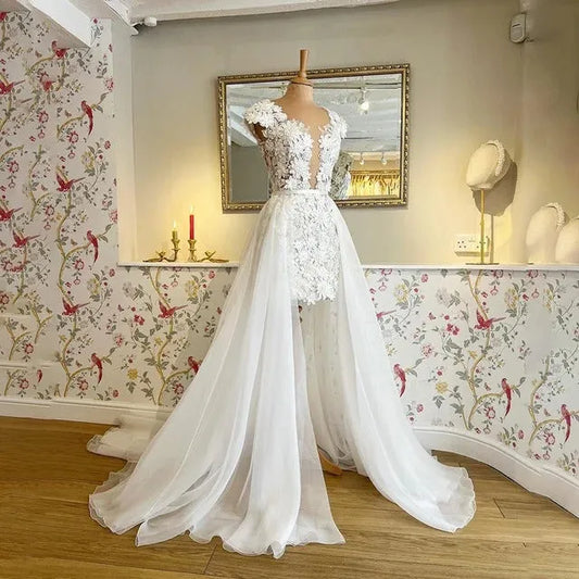 Detachable Train Wedding Dress For Women Elegant Sheath Mini 3D Flowers Applique Cap Sleeves Bridal Dress Vestidos De Mujer