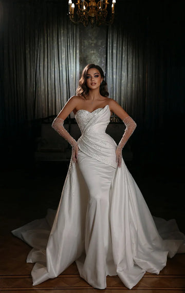 Sparkly Sequin Luxury Wedding Dress For Women Strapless Beads Satin Mermaid With Detachable Train Custom Floor-Length Bride Gown As Picture