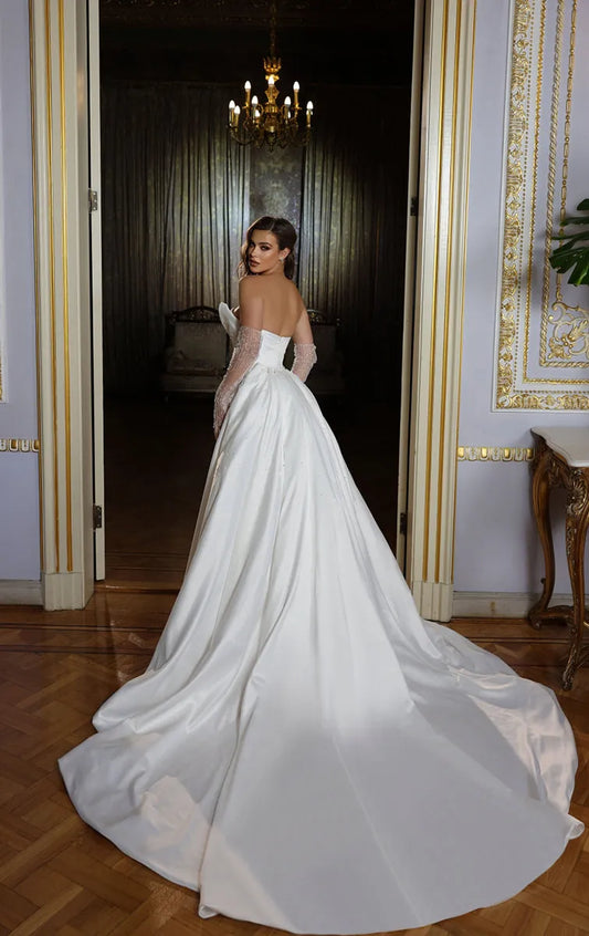 Sparkly Sequin Luxury Wedding Dress For Women Strapless Beads Satin Mermaid With Detachable Train Custom Floor-Length Bride Gown