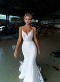 Spaghetti Straps Wedding Dresses Mermaid Appliques Wedding Dress Floor Length Wedding Gown For Civil Wedding
