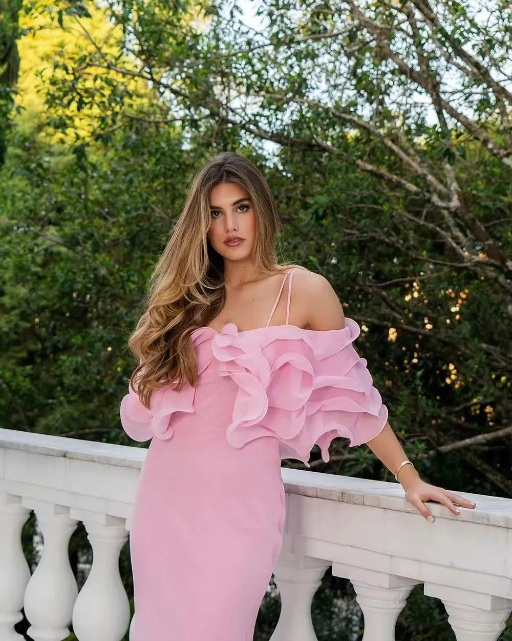 Vestidos de fiesta de gasa rosa con tirantes finos, vestido de fiesta