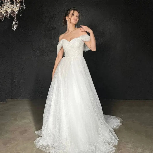 Glitter Princess Wedding Dresses Off The Shoulder Sparkly Sleeveless Bridal Gowns A-Line Dubai Pageant Long Bride Dress Custom Color