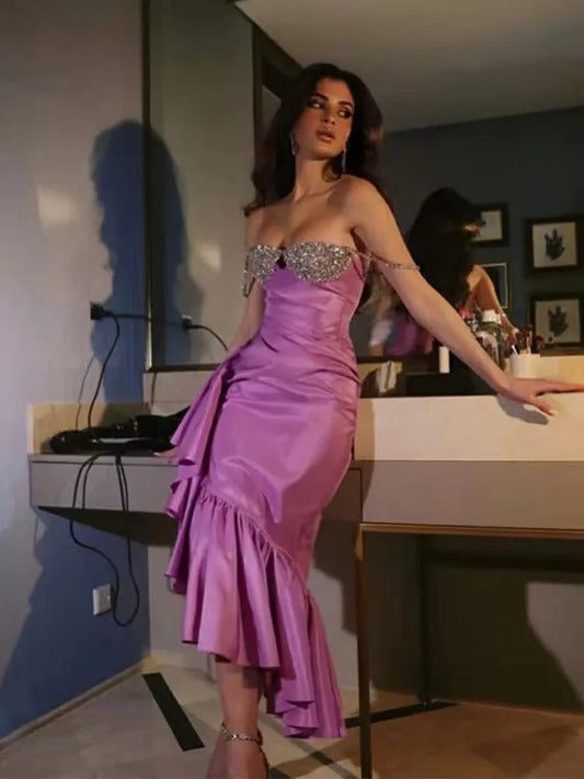 fuchsia Satin Mermaid Evening Dresses Pleat Ruched Sequined Party Prom Dresses Robe de soirée for women