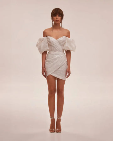 Glitter Short Wedding Party Dresses Sweetheart Puff Sleeves Mini Modern Sparkly Bride Gowns Night Robe de cocktail Dress