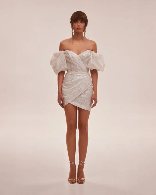 Glitter Short Wedding Party Dresses Sweetheart Puff Sleeves Mini Modern Sparkly Bride Gowns Night Robe de cocktail Dress