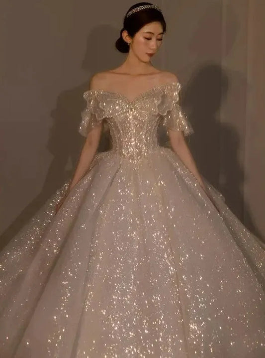 Luxury Off The Shoulder Wedding Dress Big Butterfly Bride Dress Beading Shiny Big Ball Gown Long Train Vestido De Noiva