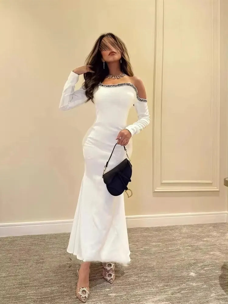 Indigo Prom Dresses Mermaid Long Sleeve Off The Shoulder Ankle-Length Beading Satin Elegant Evening Gowns For Women