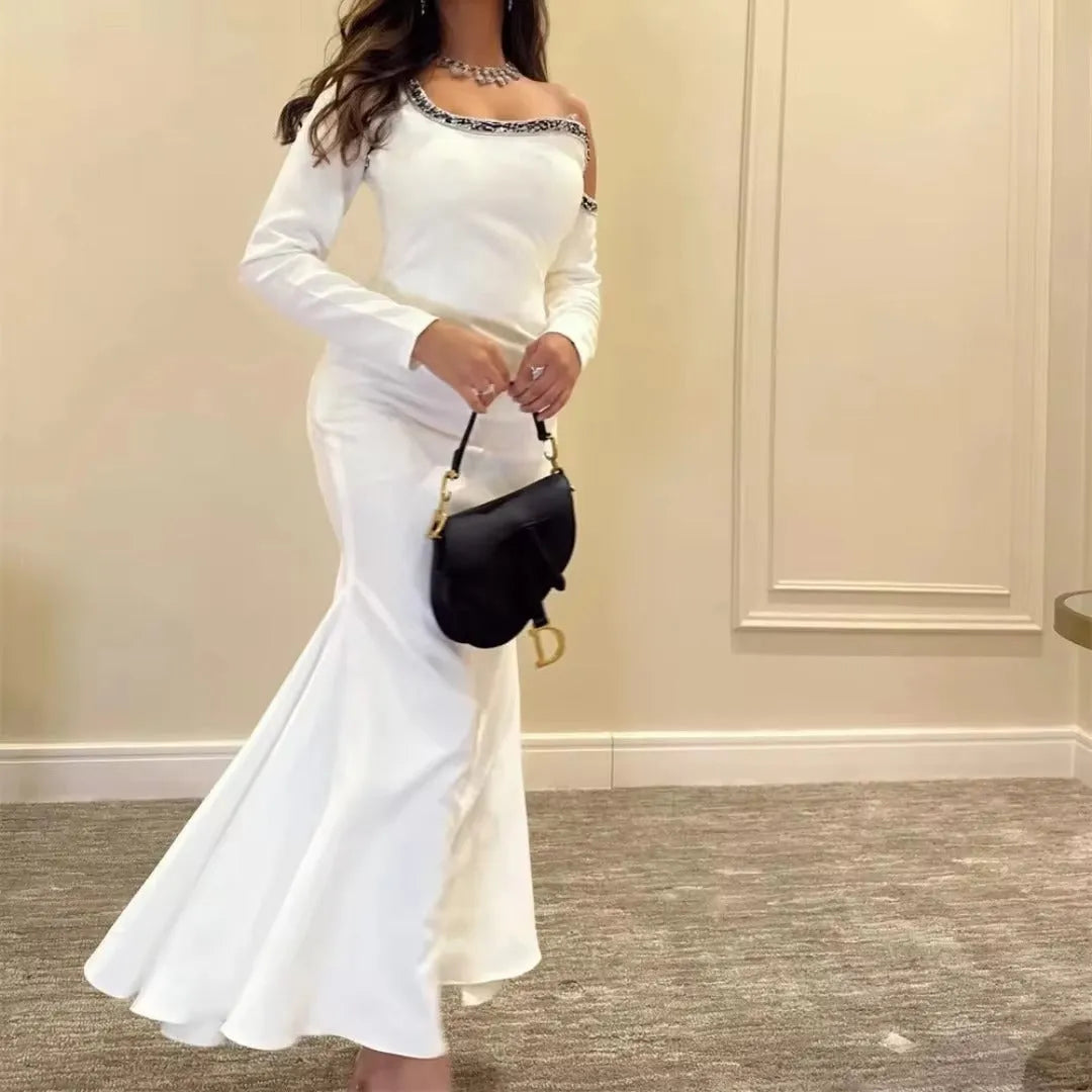 Indigo Prom Dresses Mermaid Long Sleeve Off The Shoulder Ankle-Length Beading Satin Elegant Evening Gowns For Women