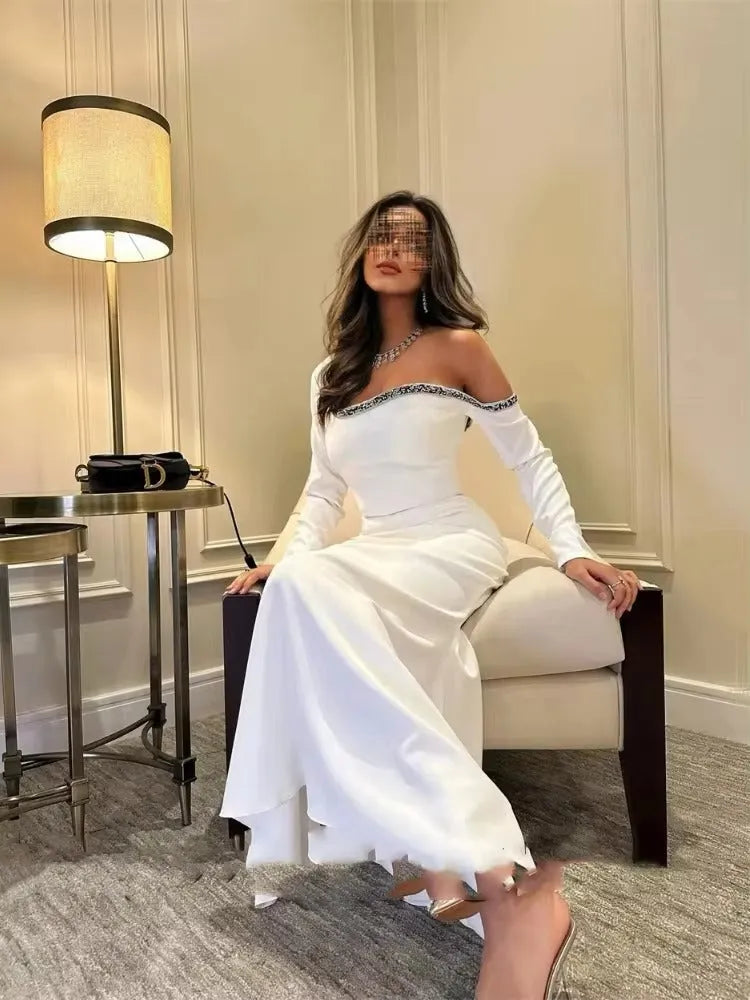 Indigo Prom Dresses Mermaid Long Sleeve Off The Shoulder Ankle-Length Beading Satin Elegant Evening Gowns For Women