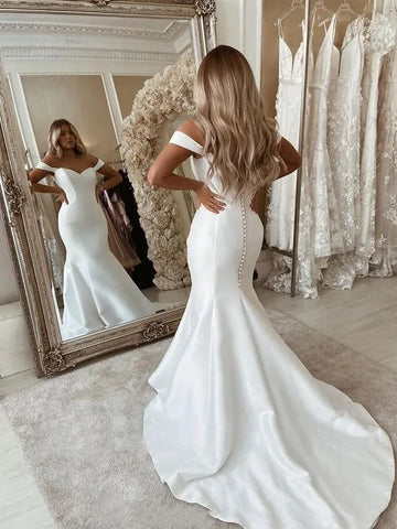 Simply Mermaid Wedding Dresses Sweetheart Off the Shoulder White Satin Long Train Bridal Dress Zipper With Buttons Wedding Gowns Custom Color