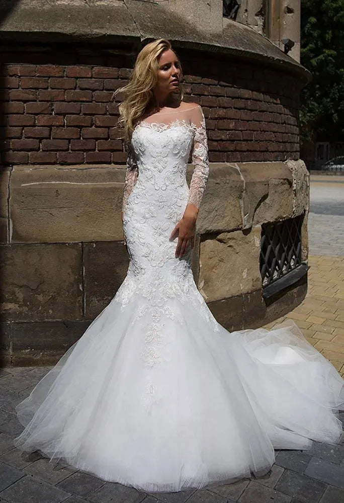 Abito Da Sposa Sirena Pizzo Maniche Lunghe Sofisticato Abito Da