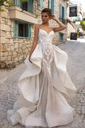 Glitter Tulle Ruffled Mermaid Bride Dresses Sheer Neckline Wedding Dress With Detachable Train Bridal Gown Vestidos De Novia White
