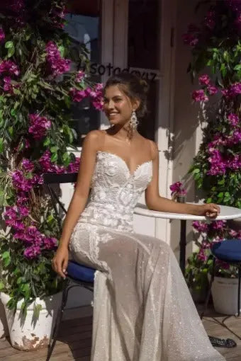 Glitter Tulle Ruffled Mermaid Bride Dresses Sheer Neckline Wedding Dress With Detachable Train Bridal Gown Vestidos De Novia