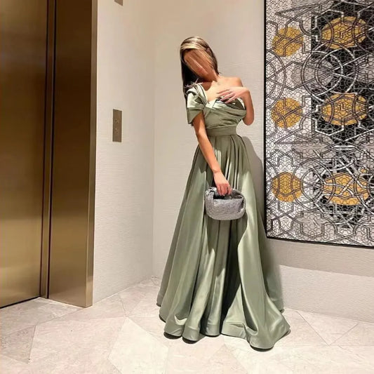Elegant Mustard Green Prom Dress Sexy Short Sleeve Off Shoulder A-line Vestidos De Noche